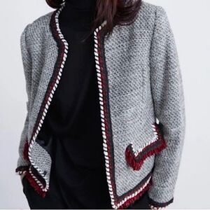 ZARA Tweed Blazer Fringe Trim Textured Jacket Pockets Size S • BLOGGER FAVORITE
